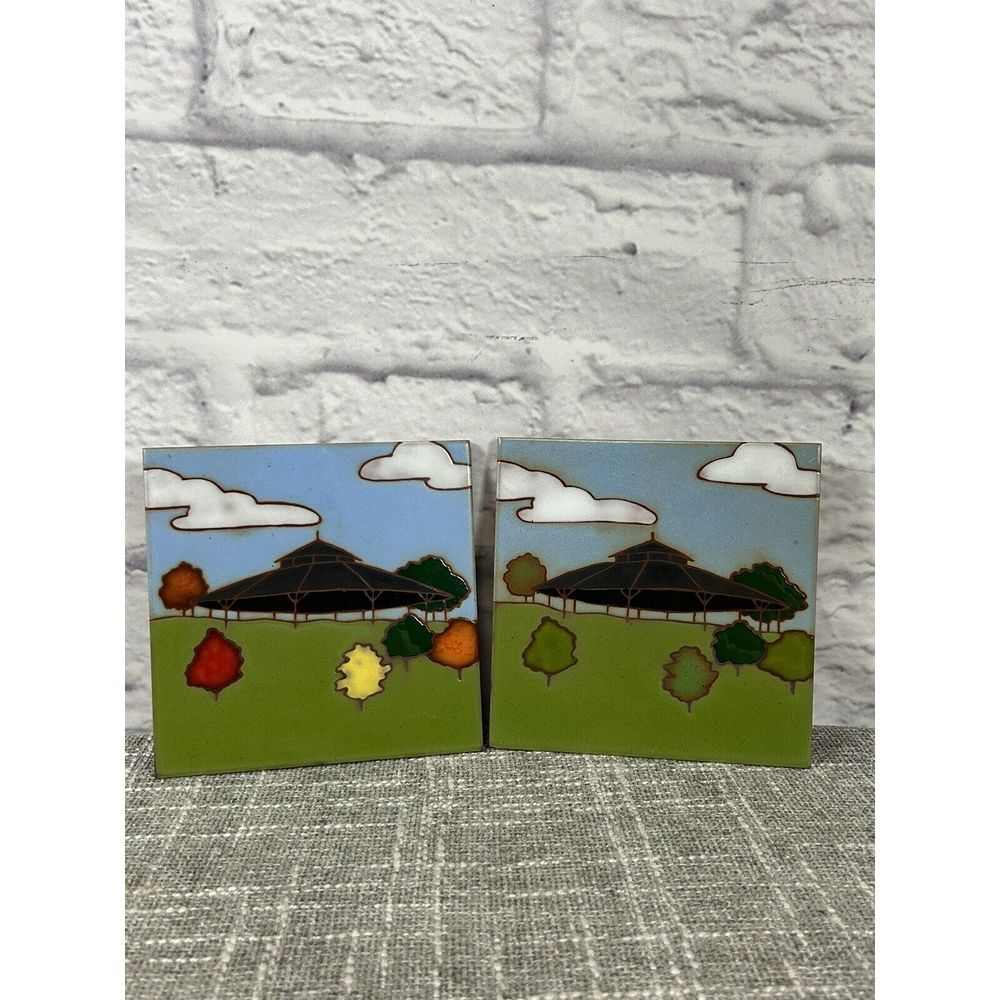 Vintage Hand Painted Tiles Pavilion Mid Century Italy Clay Glossy Pair 6" Square